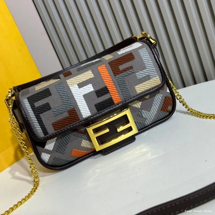 Affordable Baguette Motif Canvas Bag Mini Fendi FF Grey In Multi 0808